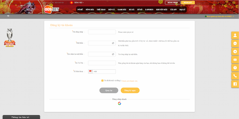 Điền thông tin cá nhân để đăng ký 009bet