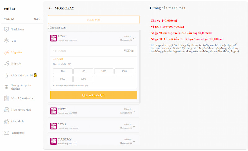 Nạp tiền bằng ví điện tử Momo